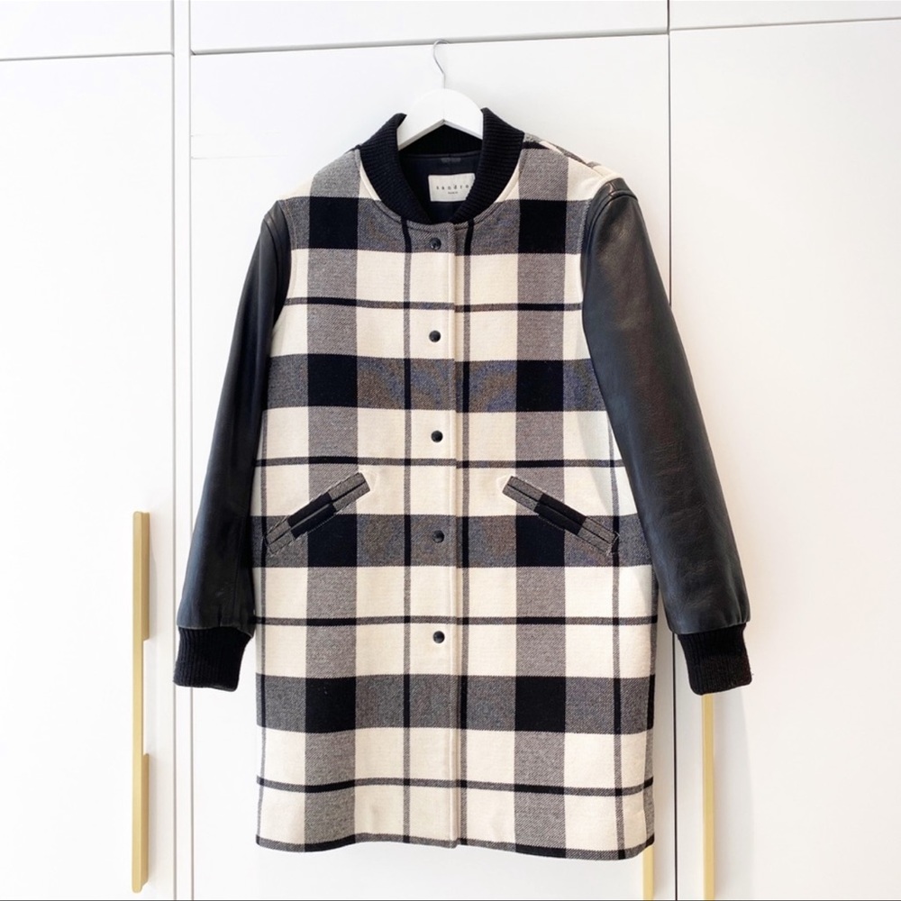 SANDRO Paris plaid wool coat with leather arms
